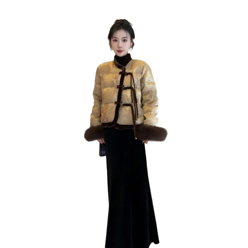 

New Chinese-style Cotton-padded Jacket Women's Explosion Improved Tang-style Luxury Cotton-padded Clothing Skirt Two-piece Set