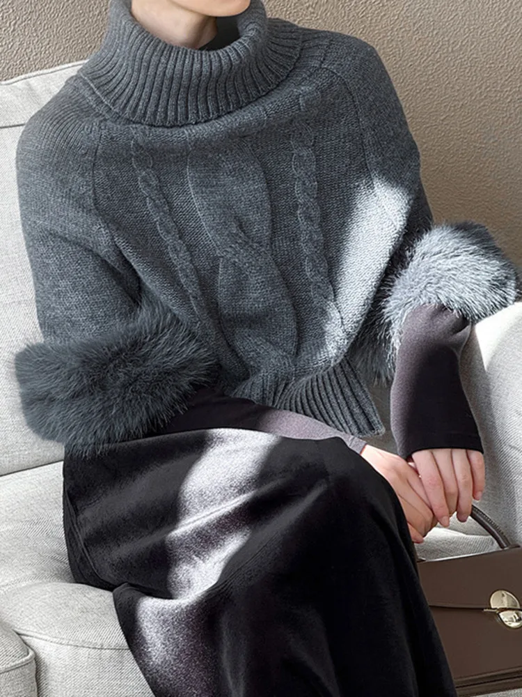 WHTREND شتاء جديد متعدد ارتداء خارج الكتف صوف الأغنام يشعر عالية الرقبة سترة الفراء الأكمام بلوفر مغزول WH2238 #3