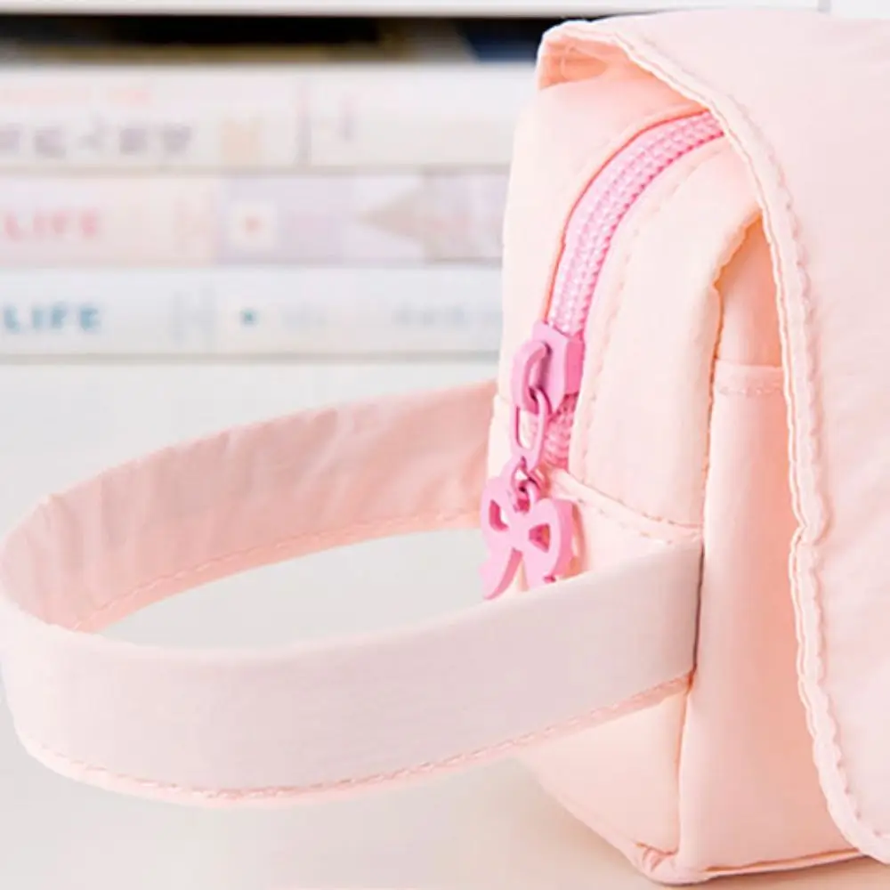 Durable Candy Color Pencil Case Bow Decor Three Layers Pencil Pouch Large Capacity Canvas Stationery Storage Bag