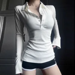 Women Korean Sexy Y2K Skinny Long Sleeve Polo Collar Button T-shirt 2024 Autumn Winter Fashion Solid Basic Tops Female Clothing