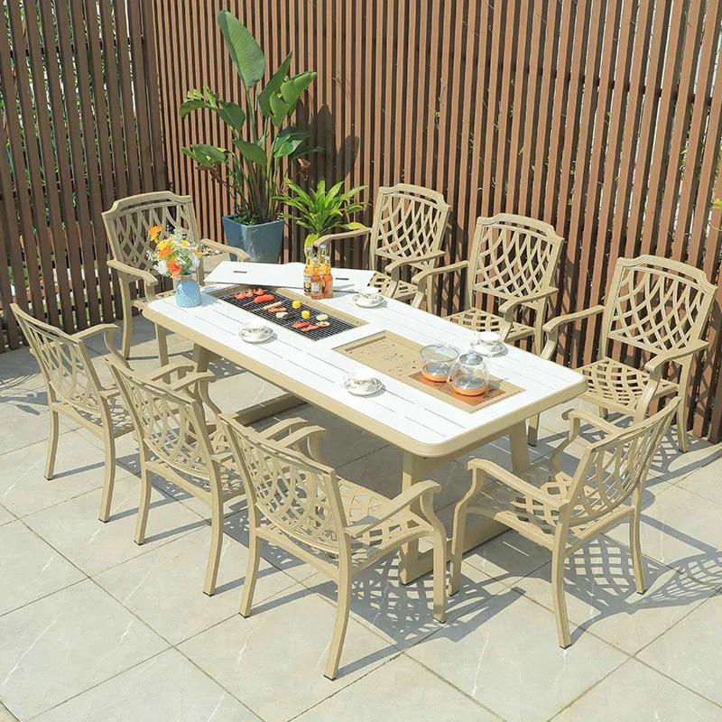 

Прочный современный литой алюминиевый уличный обеденный стол, набор стульев для домашнего использования в отеле, простой повседневный дизайн для двора, сада, балкона