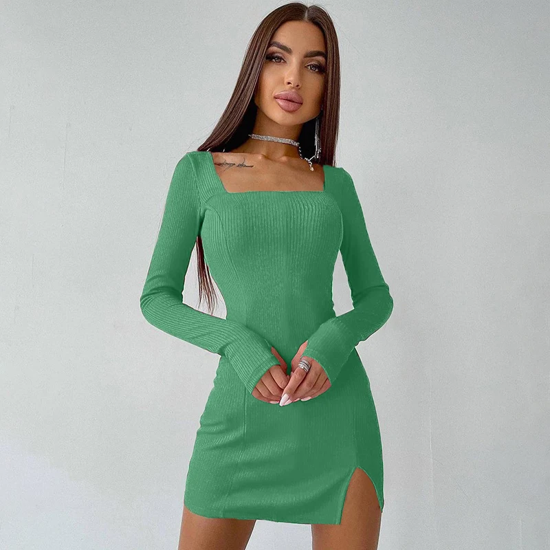 Instagram Fashion Solid Color Square Neck Long Sleeved Dress Slim Fit Bottom Wrap Hip Split Short Skirt Trendy