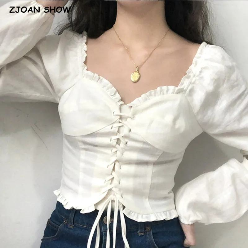 Sweet Wood ears V neck Bandage Cross Lacing up Corset Shirt Women French style Puff Sleeve Dropped Slim Crop Top Sexy blouses