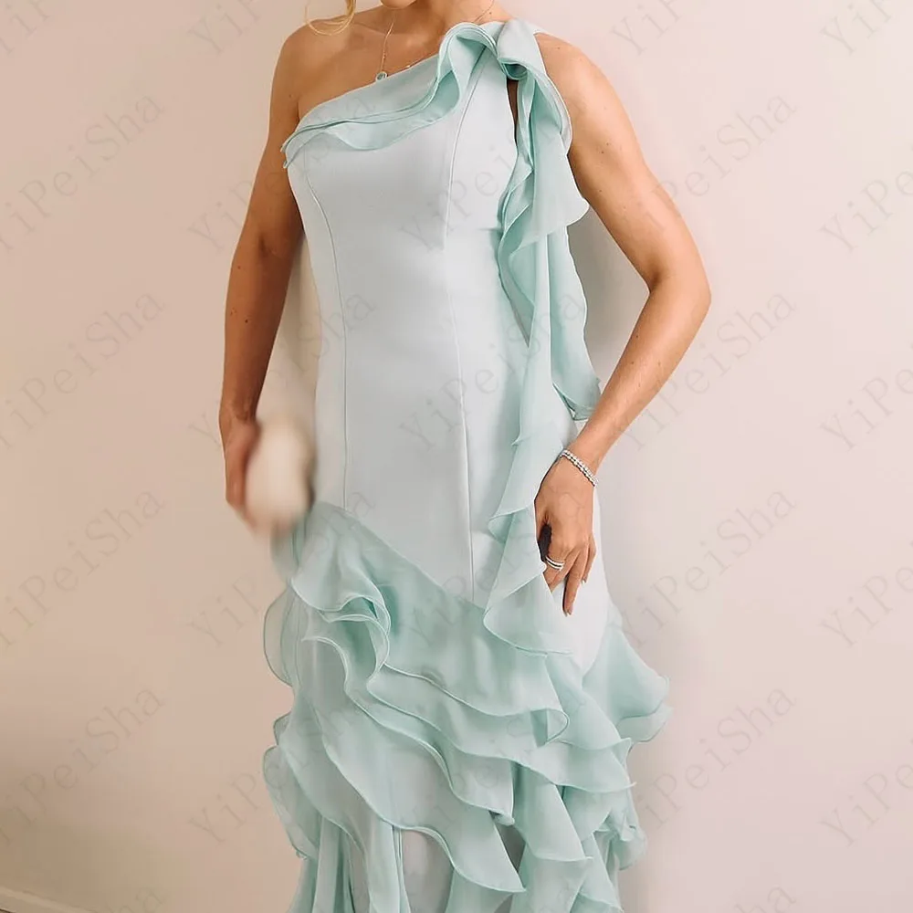 맞춤형 A 라인 댄스 파티 드레스 바닥 길이 원 숄더 민소매 이브닝 가운 간단한 패션 계층 드레이프 파티 가운