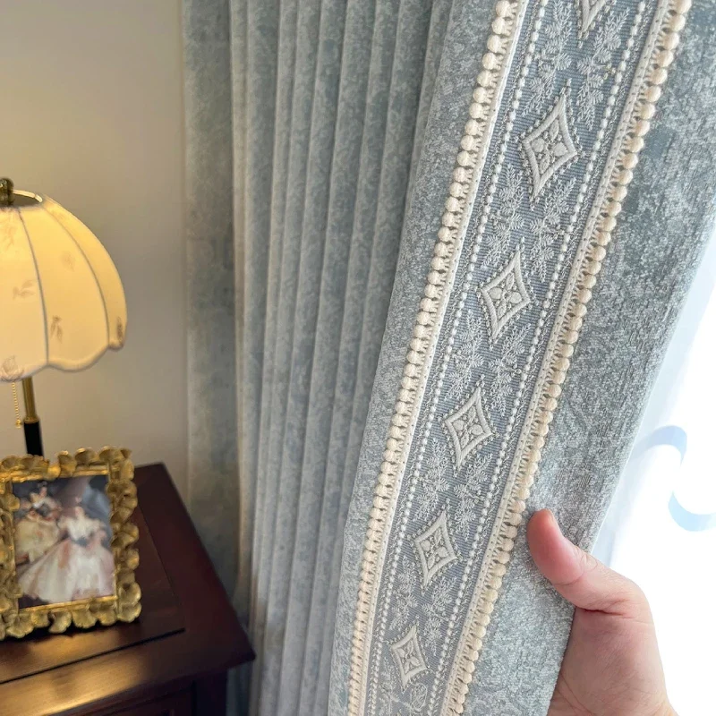 French Retro Dark Texture Chenille Grey Blue Lace Splicing Curtains for Bedroom Living Room French Window Balcony Customized - Image 2
