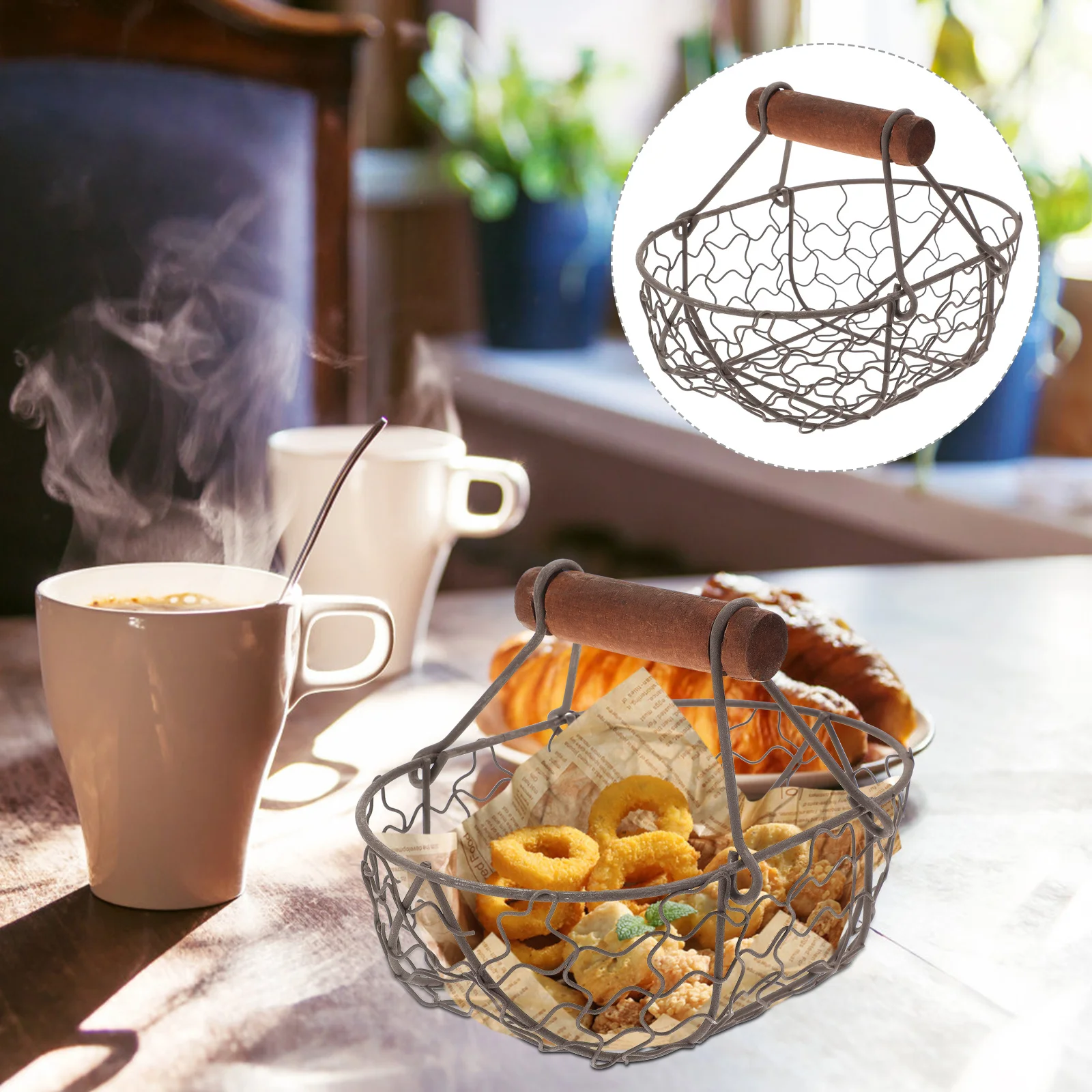 

Multifunctional Iron Wire Fruit Basket Wooden Handle Rustic Style Large Capacity Kitchen Storage Organizer Egg Vegetable Holder