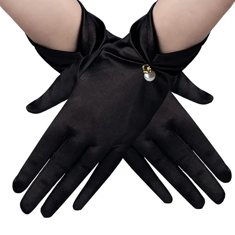 قفازات فستان الزفاف من الساتان الأبيض، إكسسوارات صور متعددة الاستخدامات، قفازات زفاف شبكية قصيرة أنيقة على شكل بتلات لؤلؤية