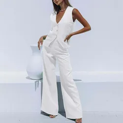 High-quality Women Suit Women Suit Set Women's Cotton Linen Wide Leg Suit Set Sleeveless Vest Long Pants Outfit for Office