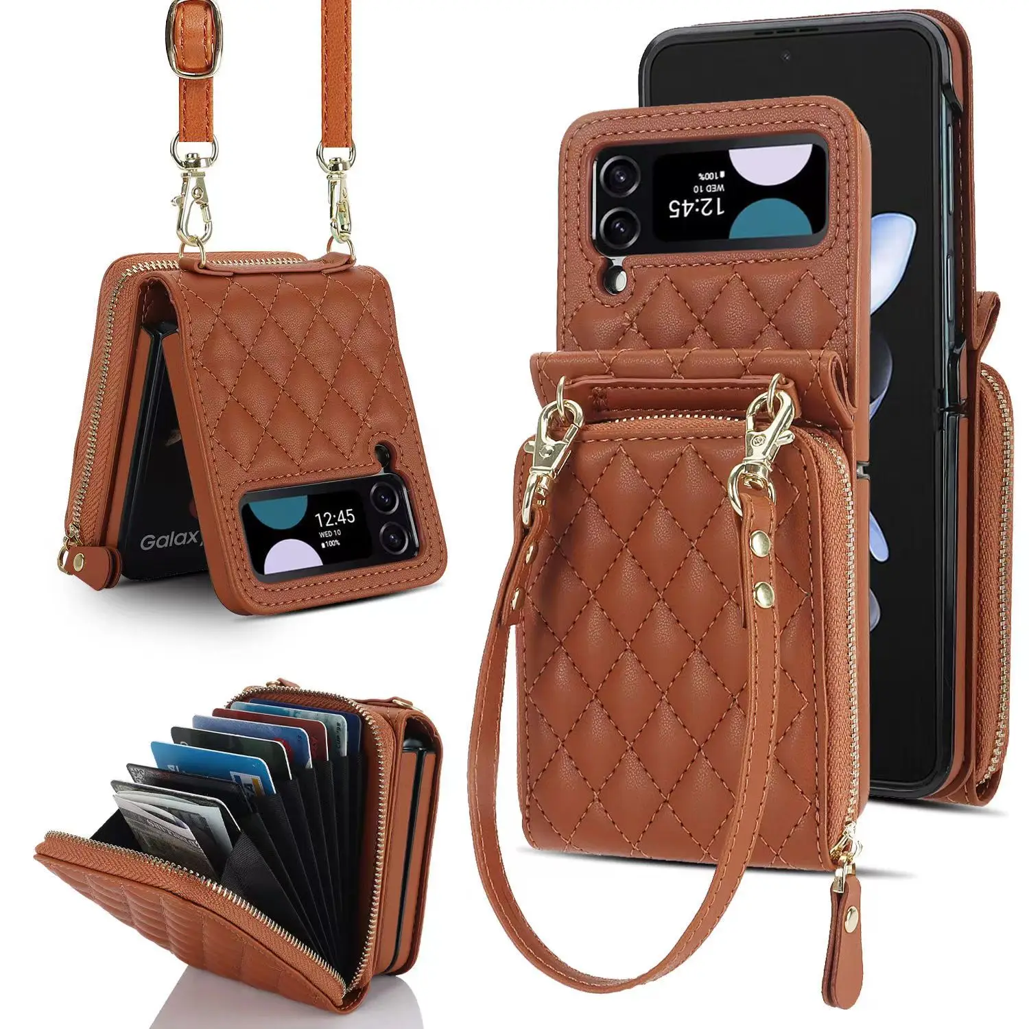 

TRSYPHXM 2024 new Crossbody Wallet Phone Case for Samsung Galaxy Z Flip 6 5 4 3 Card Holder Lanyard Leather