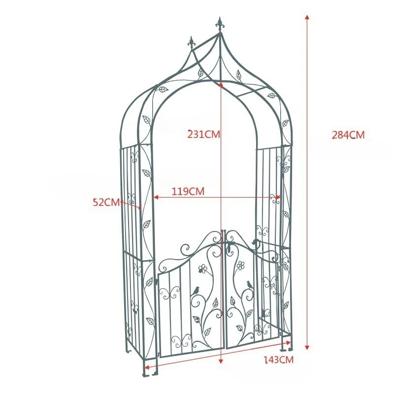 European-Style Vintage Iron Garden Entrance Gate with Arch and Flower Stand for Climbing Roses and Clematis
