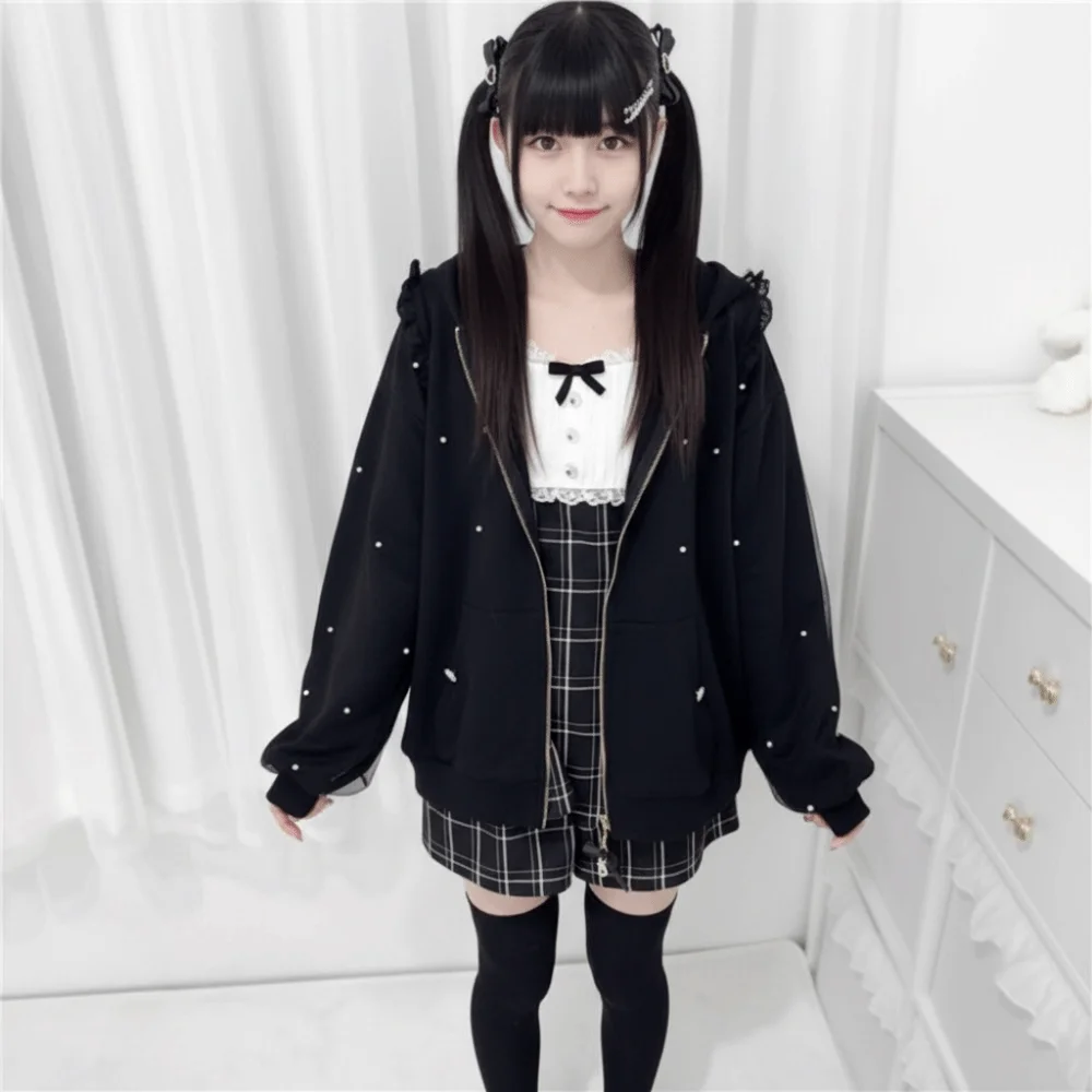 Long Sleeve Strapped Rabbit Ear Hoodie Thick Warm Winter Autumn Cardigans Women Y2K Ladies Top Lolita JK Lace Bow Coats view 4