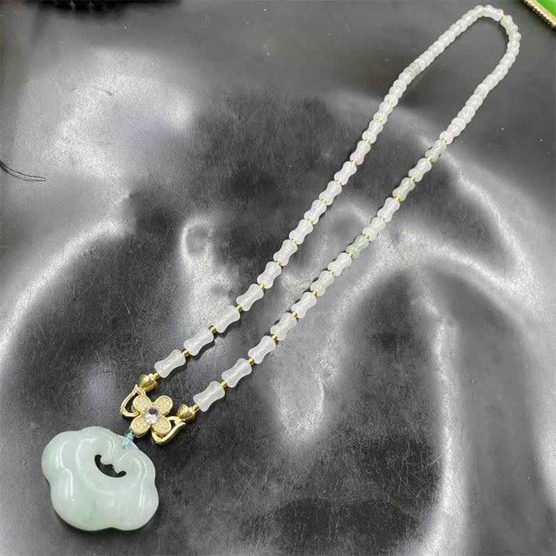 White Background Qingtian Mountain Jade Lock of Good Wishes Sweater Chain Pendant Necklace