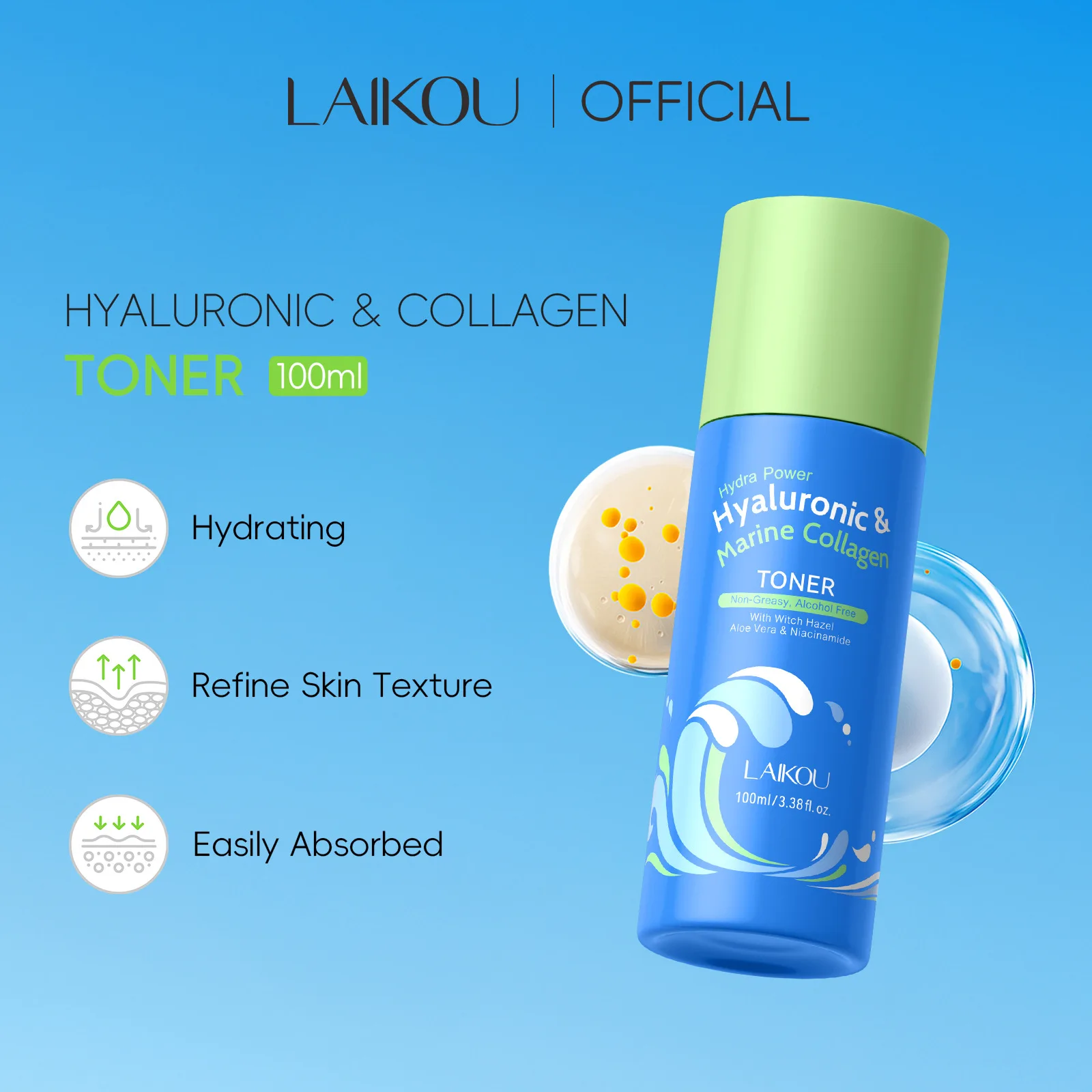 

LAIKOU Collagen Toner for Face with Hyaluronic Acid Gentle Soothing Oil Control Refreshing Toner for Women Men 100ml