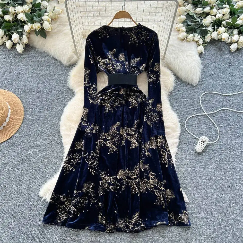 Elegant long sleeve velour print A-line dress korean fashion ceremony dresses women clothing