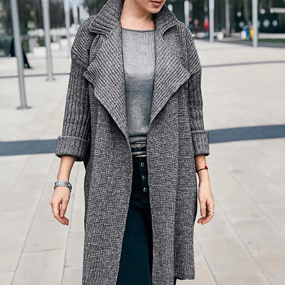 Women Trench Coat Overcoat Solid Lapel Long Sleeve Knitting Jacket Autumn Winter Mid Length Cardigan Windbreaker Streetwear