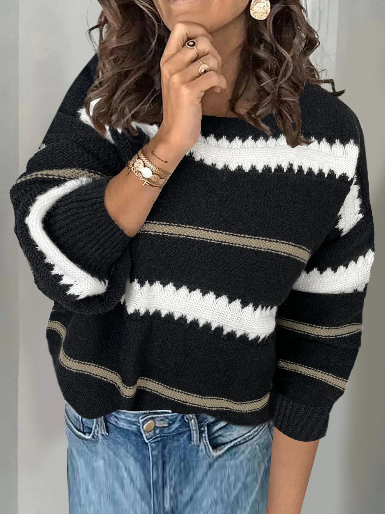 Autumn and winter women's casual commuter loose crew neck pullover popular metal stripes multi-color patchwork knit sweater