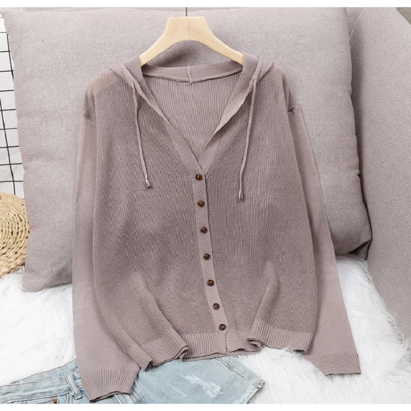 Cárdigan de manga larga con capucha para mujer, Chaqueta de punto coreana con botones, suéter de seda helada, Tops finos con protección solar, para