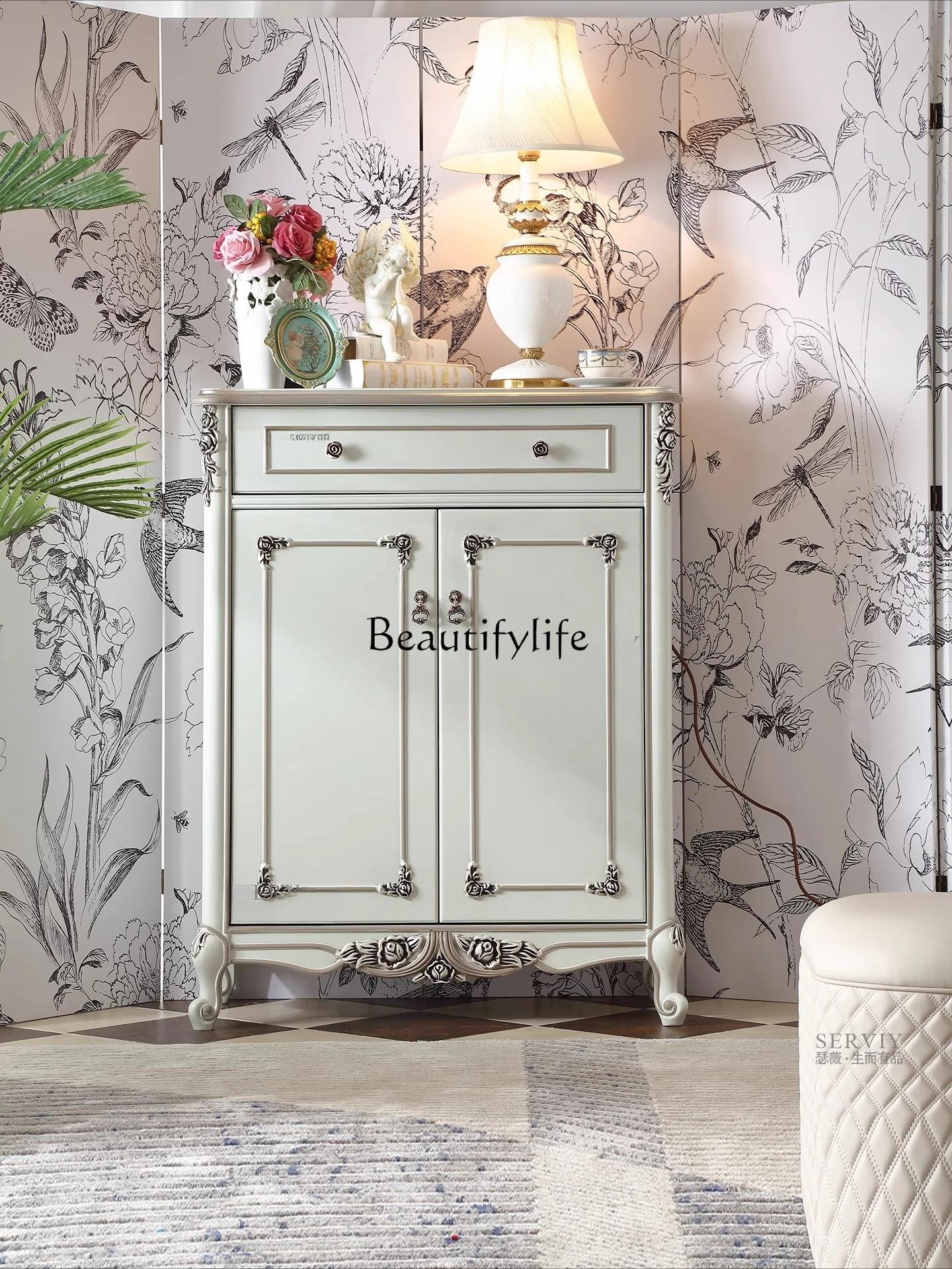 

French pastoral solid wood double door shoe cabinet European entrance entrance foyer carved side cabinet