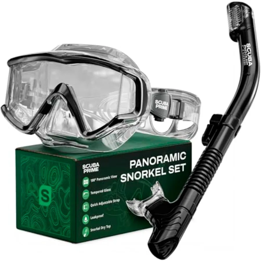 

Pano 3 180° Panoramic Dive Mask, ThreeWindow Tempe Glass Scuba Mask with Dry Top Snorkel, Dual-Layer Silicone Skirt Anti-Leak D