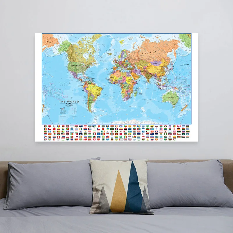 225*150cm The World Map Large Poster Non-woven Canvas Painting School Home Supplies Decorative Hanging Picture In Englishh