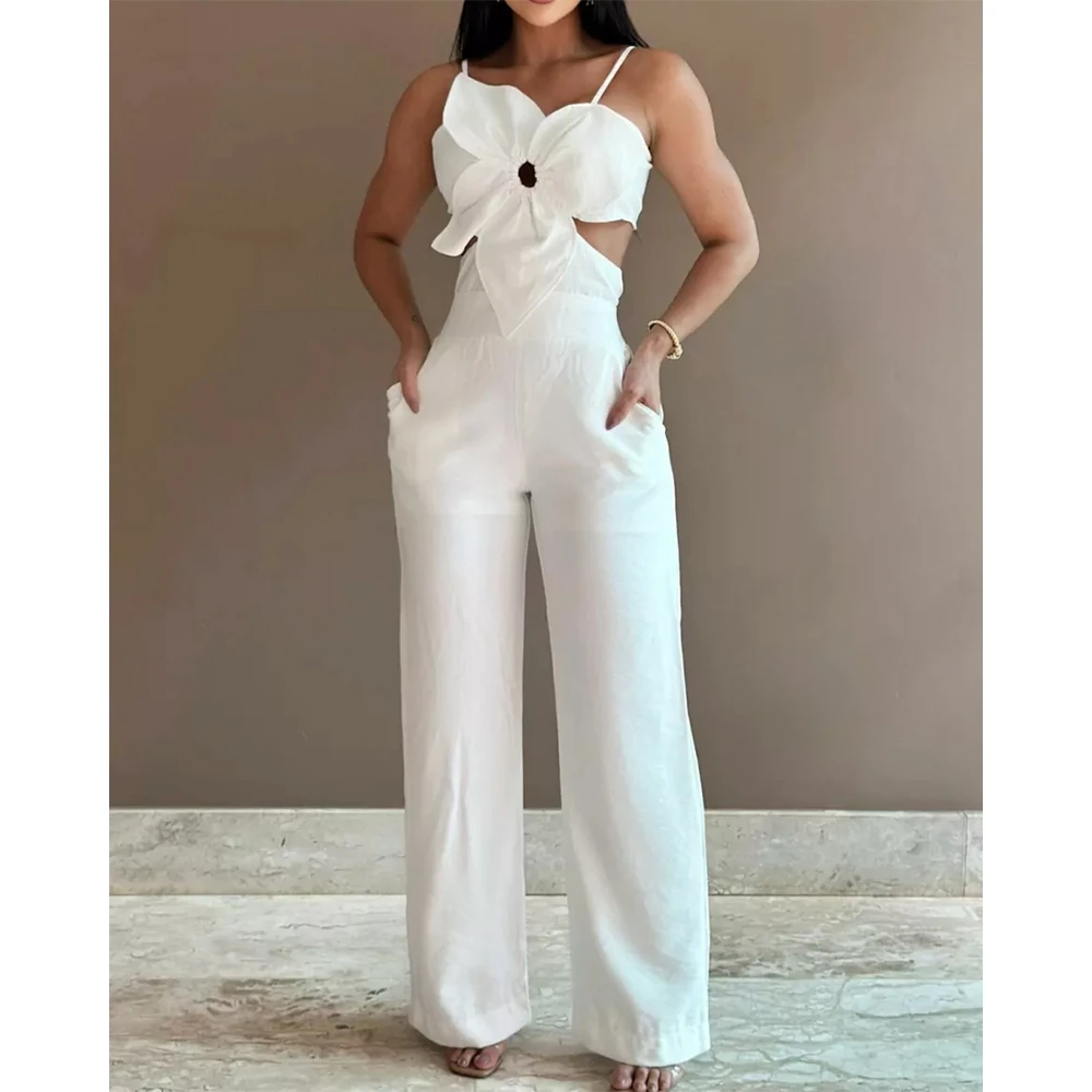 

Women Floral Pattern Spaghetti Strap Jumpsuit Summer Femme Sexy Cutout Tied Back Detail Elegant Shirred Straight Leg Outfits