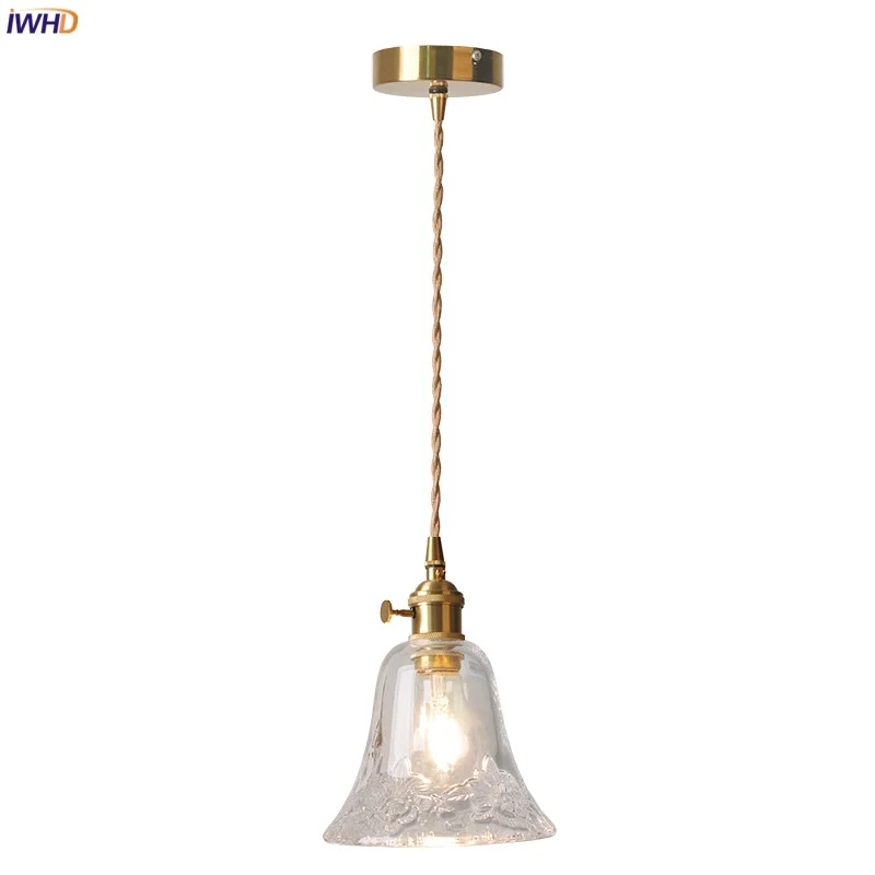 

IWHD Nordic Modern LED Pendant Lamp Restaurant Bedroom Brass Knob Switch Wire Adjustable Flower Glass Dining Room Hanging Light