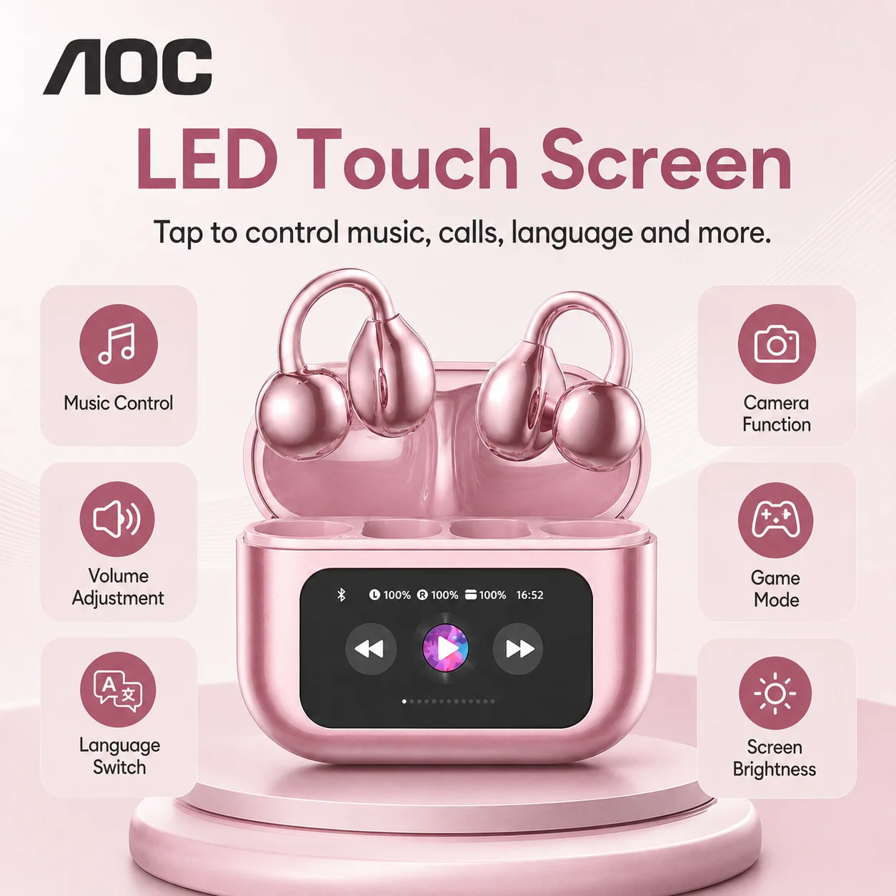 AOC M100 Earphones AI Translation Ear Clip Earbuds Bluetooth Smart LCD Screen Touch Gaming Wireless Sport Headset for Girls gift