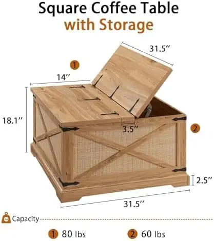 Farmhouse Coffee Table with Lift Top, Rustic Storage Table, Natural Rattan Design