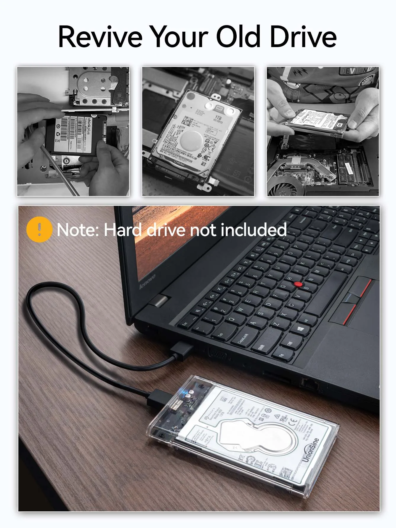 UnionSine 2.5inch SATA III to USB 3.0 HDD/SSD Enclosure - Transparent External Case with Crystal Shell for Old Drive Repair