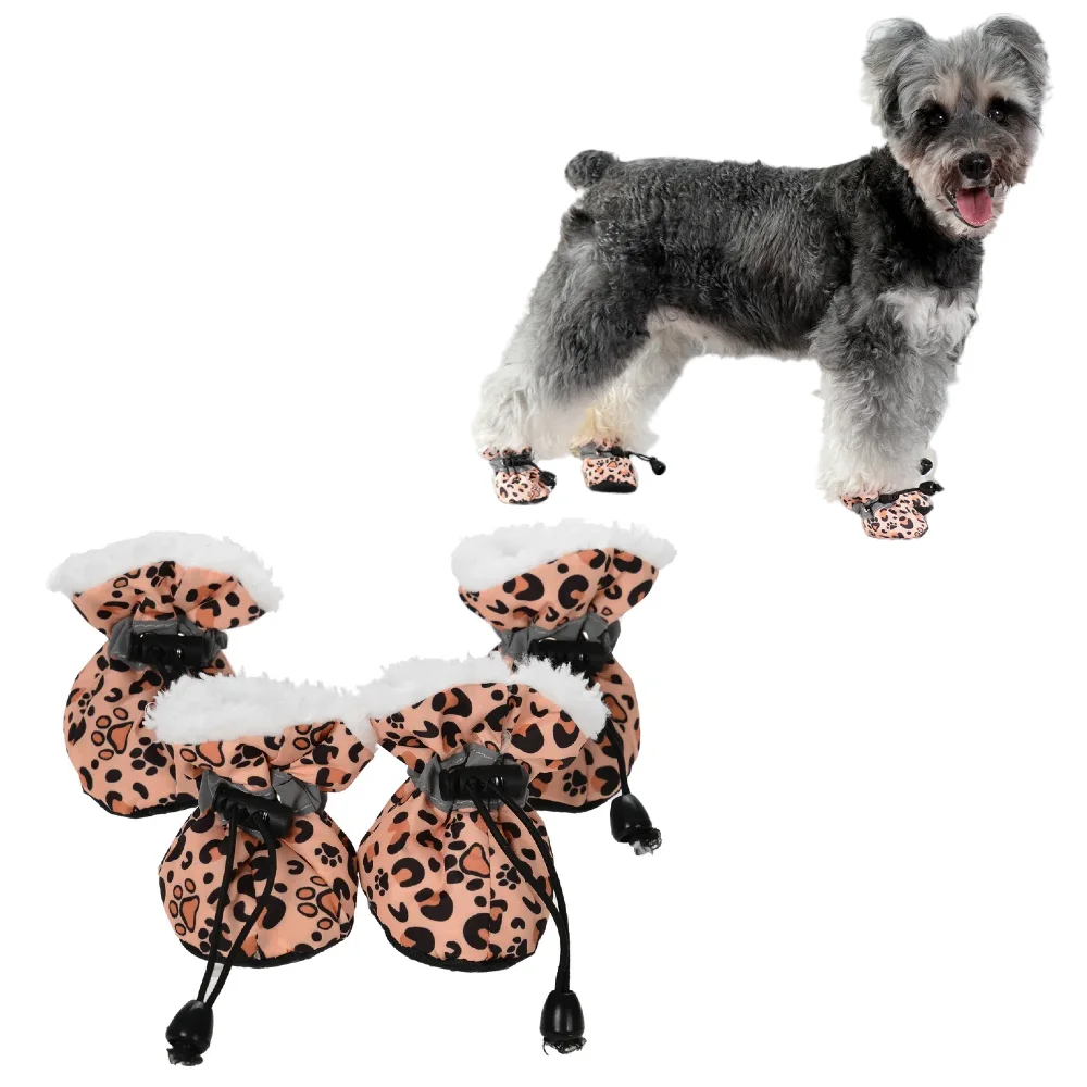 Warme Winterschuhe für Hunde, kleine und mittelgroße Hunde, Leopardenmuster, reflektierende Welpenstiefel, weiches, verstellbares Haustierfußwerk, Chihuahua-Zubehör.