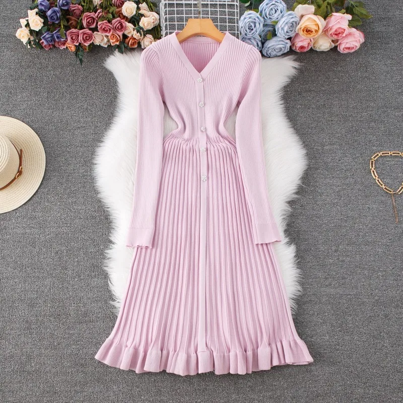 YuooMuoo Marke Mode Elegante Gestrickte Lange Kleid 2025, Herbst Winter Frauen V-ausschnitt Schlanke Taille Gefaltete Pullover Kleid Party Vestido