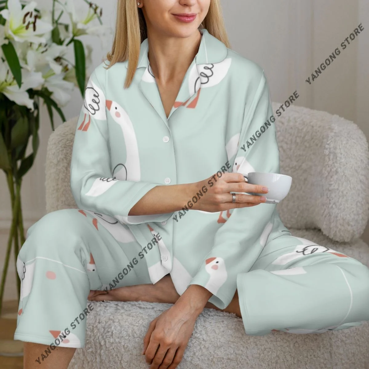 Women's Pajamas Long-sleeved Girl Loungewear Two-piece Set Cute Goose Pattern Pajamas for Autumn Spring