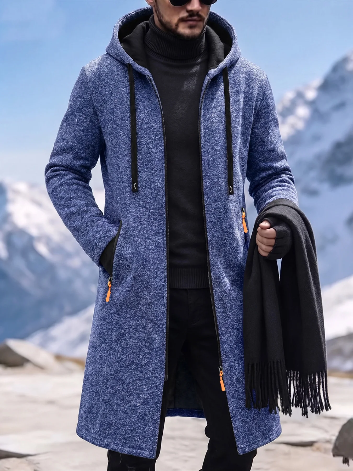 Autumn Winter Men Long Hooded Jacket Full Zip Front Adjustable Drawstring Hood Zipper Pocket Casual Outer Coat