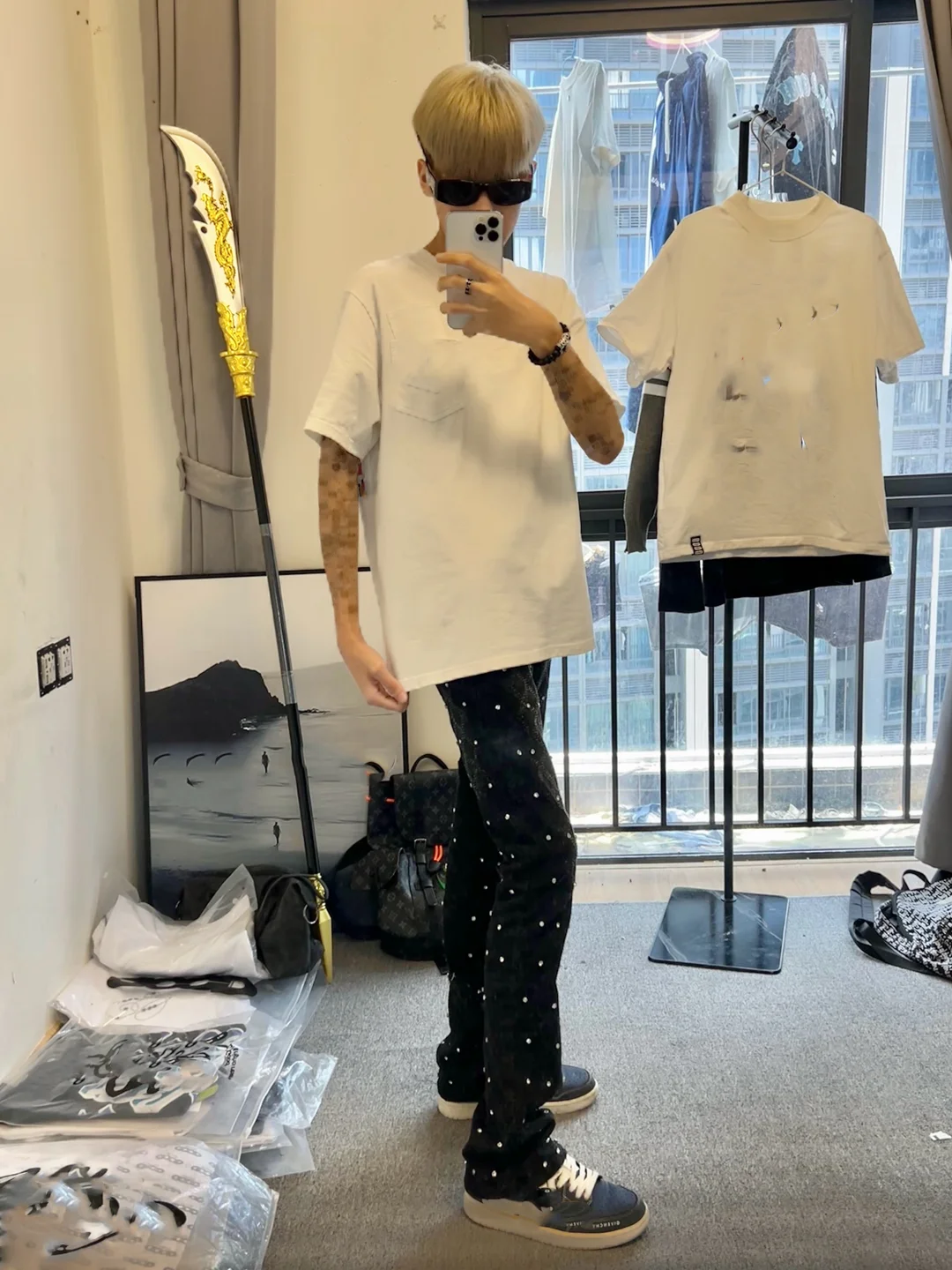 

Korean Sle Glittering Diamond Embedded adient ey Bla Straight Leg Jeans Men's Luxury Personali Trendy Long Pants
