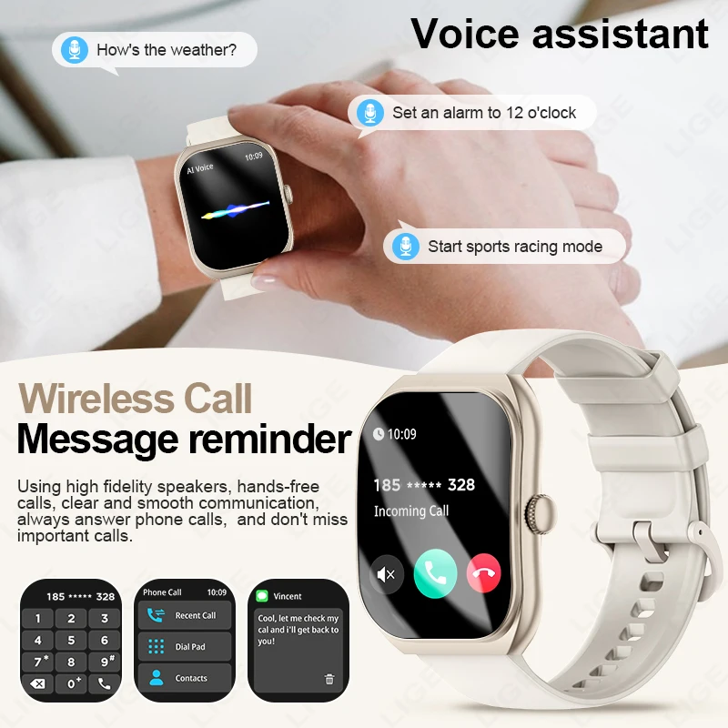 LIGE nuevo reloj inteligente 2,01 pulgadas HD pantalla cuadrada curvada ritmo cardíaco oxígeno en sangre monitoreo del sueño Smartwatch relojes de llamada inalámbrica