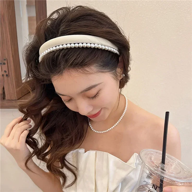 Solid Color Double Layer Pearl Hair Hoop Women Elegant Sponge Hair Bands Girls Korean Sweet Headbands Headwear Hair Accessories