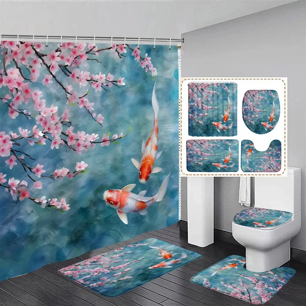 Pink Flowers Carp Shower Curtain Set Cherry Blossom Koi Fish Watercolour Bathroom Decor Non-slip Rug Bath Mats Toilet Lid Cover