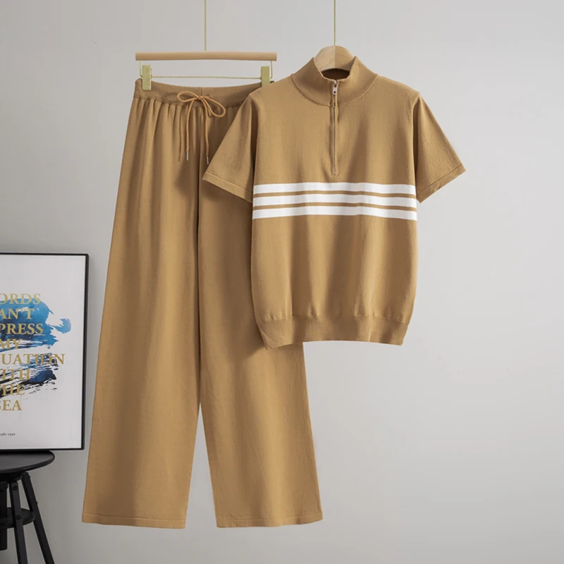 

Summer Temperament Half Zipper Short Sleeved Knitted T-shirt Top Set High Waist Slimming Wide Leg Pants Lady Commute Suits