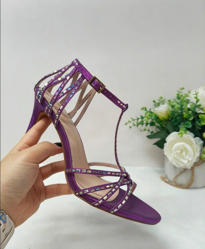 

Women's Rhinestone T-Strap Heeled Sandals Satin Open-Toe Stiletto Shoes with Adjustable Buckle Glamorous Footwear for Weddings