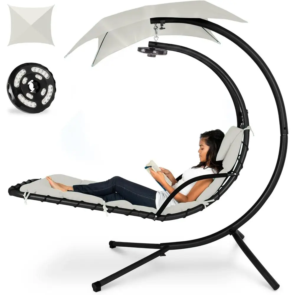 

Hanging LED-Lit Curved Chaise Lounge Chair Swing or Backyard, Patio, Lawn w/ 3 Light Settings, Weather-Resistant Pillow, Removab