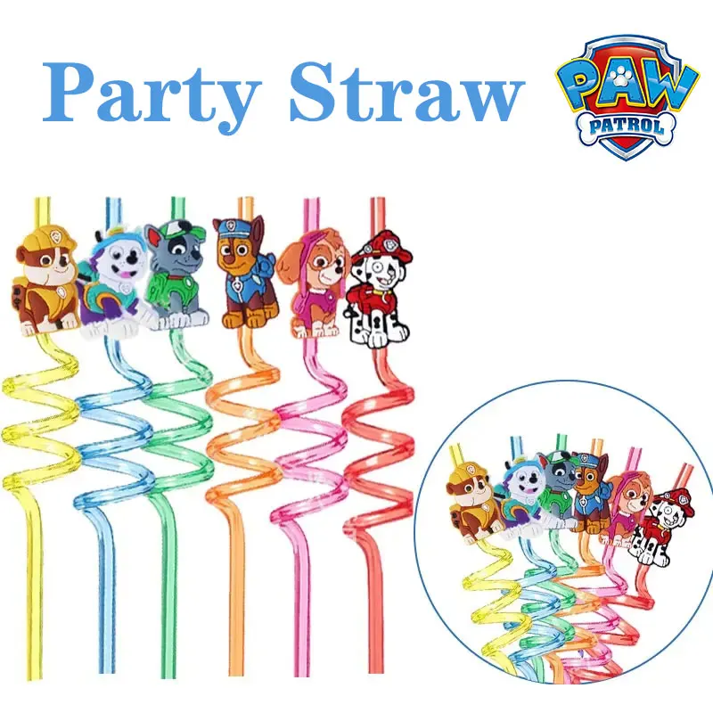 ﻿ 8pcs Paw Patrol Theme Straw Chase Ryder Skye Model Reusable Drinking Straws Baby Shower Birthday Party Supplies Children Gifts