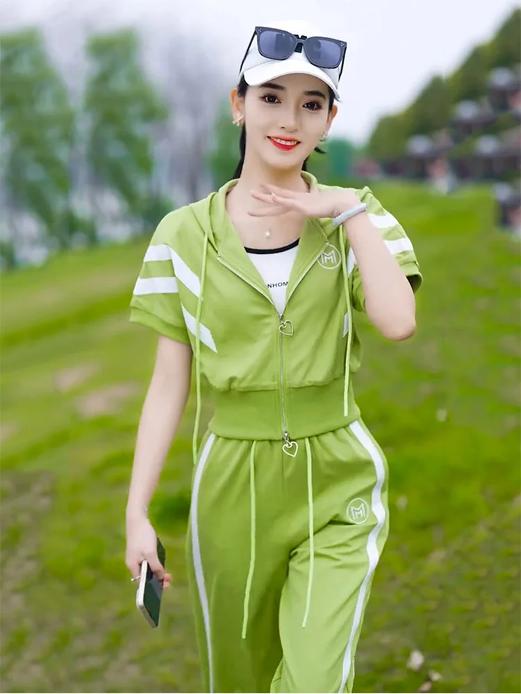 Short sleeve top with zipper for women casual suit high waist pants wide leg pants loose fashion summer