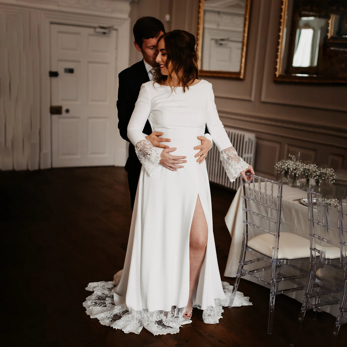 Long Sleeves Open Back Wedding Dress Customized A Line Scoop Neckline Ivory Satin Simple Backless High Slit Bridal Ballgown