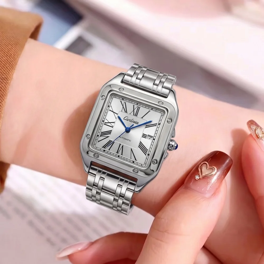 

New Luxury Square Women's Quartz Watch, Stainless Steel Strap with Classic Roman Numeral Dial, Waterproof Watch with Calendar and Blue Hands, Simple and Versatile Women's Watch for Commuting, European and American Retr