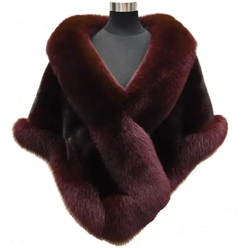 Women Faux Fur Fox Coats Shawl Cloak Coat Thick Open Stitch Elegant Maxi Warm Wedding Work Thick Outerwear Autumn Winter