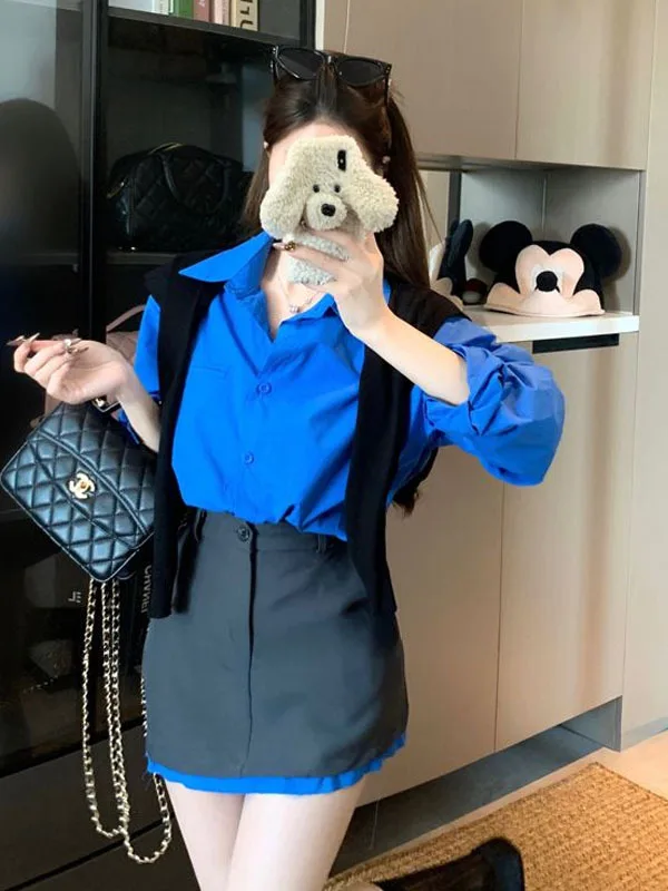 

Blue Collar Long Sve irt And High Waist Wrap Body Skirt Two Piece Set for Women Faionable Autumn Collection