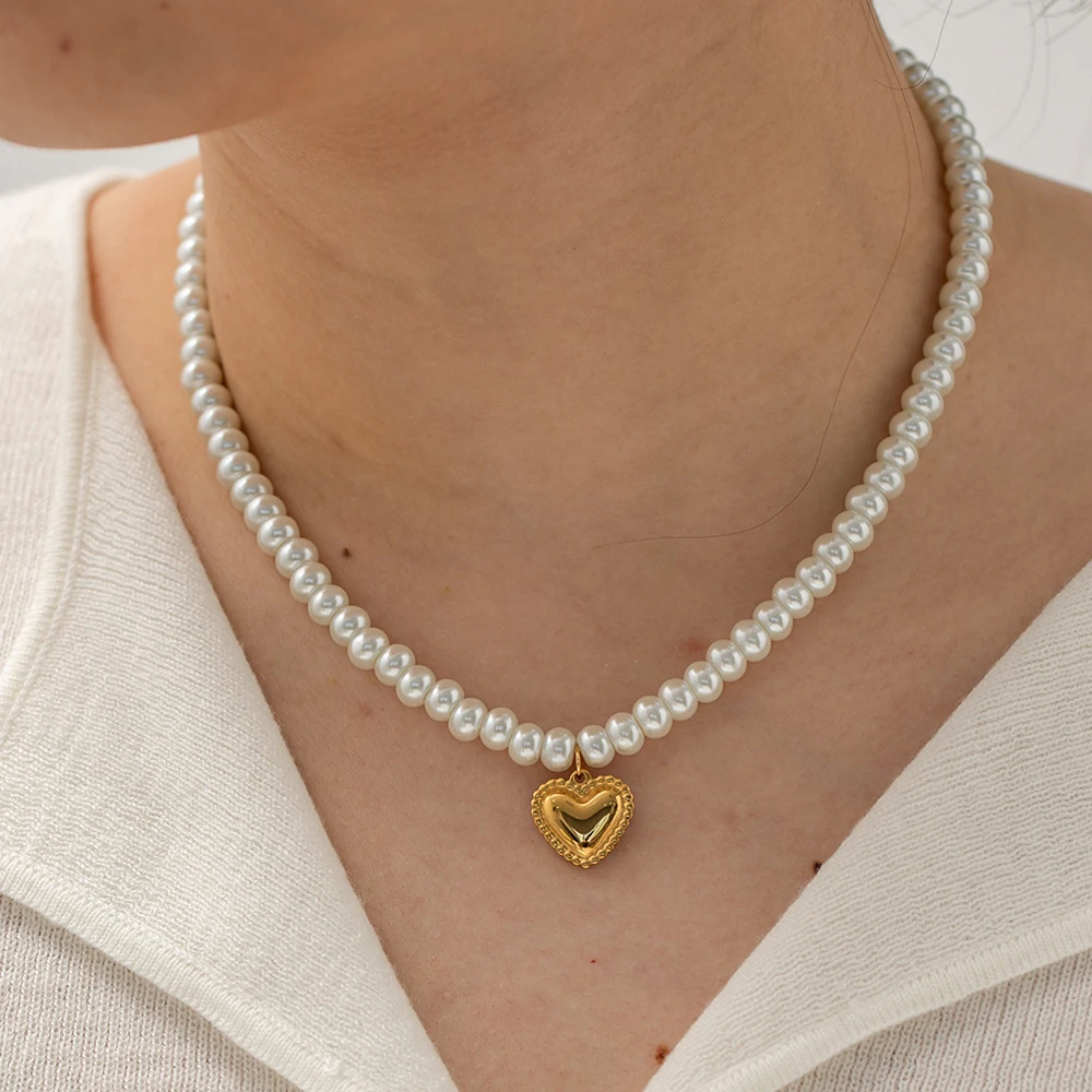 

Luxury Jewelry Set Stainless Steel Elegant Bridal Zircon Earrings 18K Gold Plated Heart Pendant Faux Pearl Necklace for Women