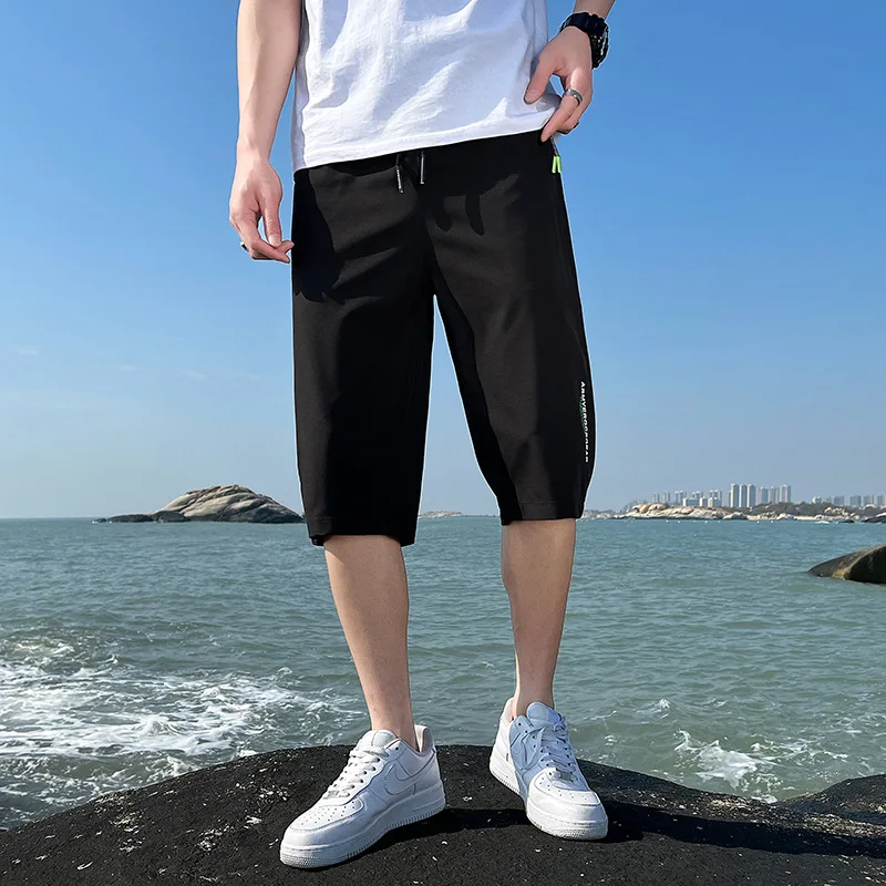 2024 Summer New Ice Silk Men\'s Shorts Sports Capris Thin Casual Pants Loose Plus Size Capris Men Gym Shorts