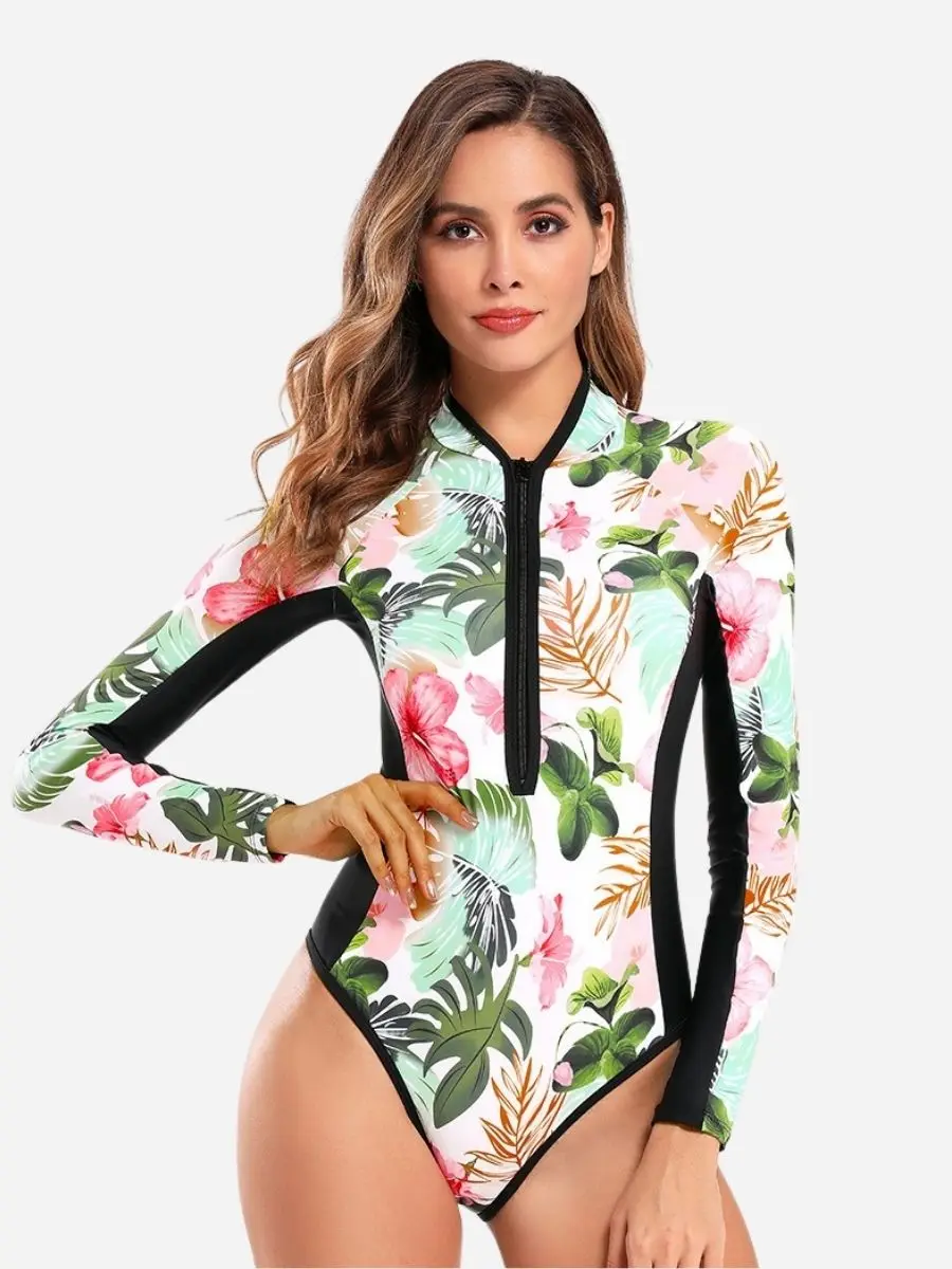 

Floral Print Front Zip Bathing Suit UPF50+ Women Rash Guard Sports Surfing One-piece Long Sleeve Swimsuit