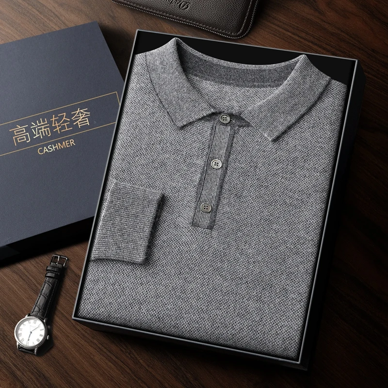 100% cashmere business casual simple and versatile polo collar sweater pullover for autumn and winter, soft and warm